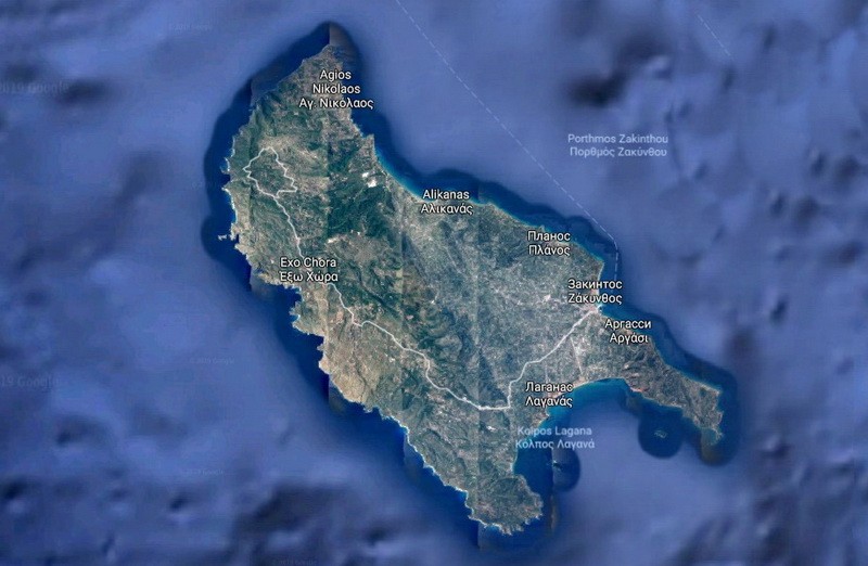 Zakynthos Island on the map (view from the satellite)