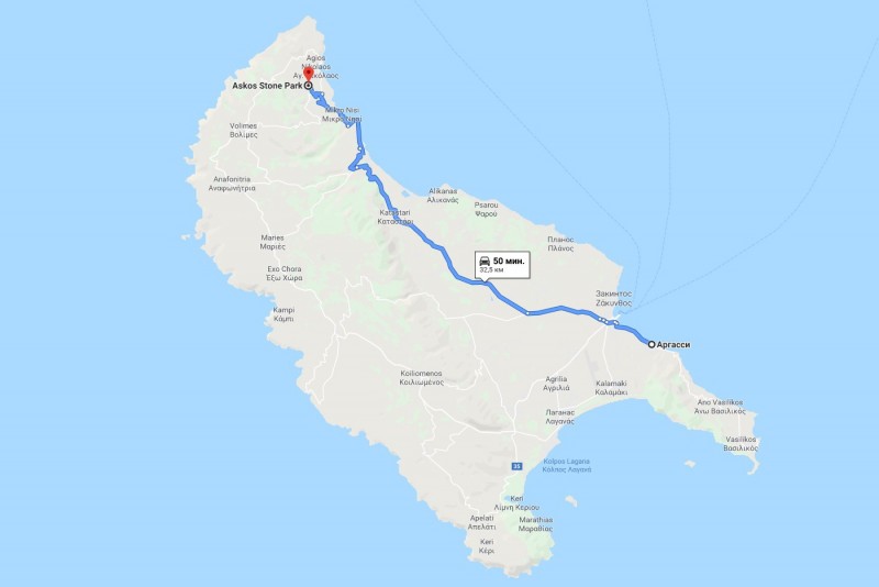 Zakynthos, Greece - map route to Askos Zoo